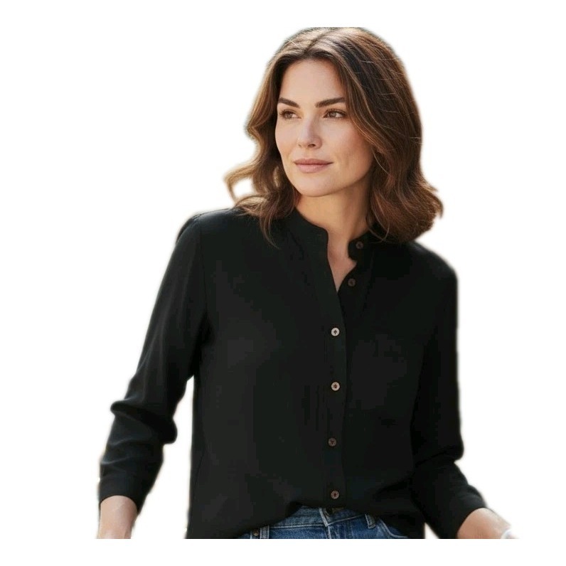 Ralph Lauren Silk Blouse Black Band Collar Long Sleeve Button Down Shirt Top